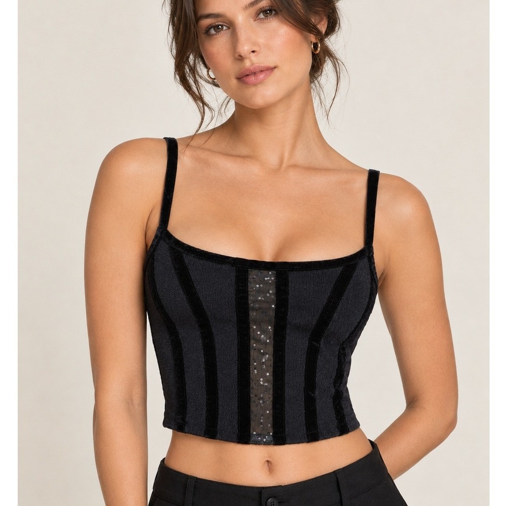 St. John Evening Vintage Y2K Knit Top Women Black Velvet Mesh Corset Cami Size 2